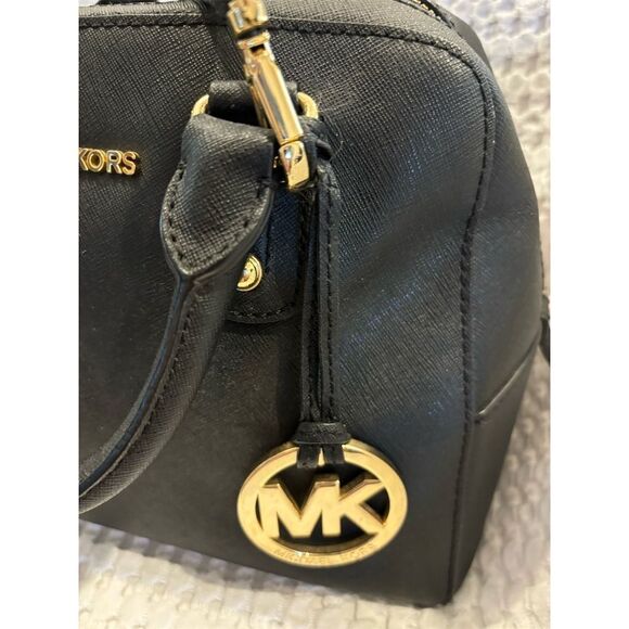 Michael Kors Black Leather Dome Satchel Medium Handbag Gold Accents Purse - Picture 2 of 12
